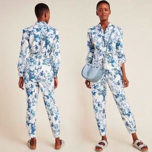 Anthropologie Blue White Floral Lucienne Belted Long Sleeve Pants Jumpsuit - 2